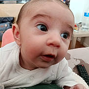 Ellie a rejoint le concours — aidez-le/la à gagner de superbes lots ! baby, infant, close_up, big_eyes, surprised_expression, face, eyes, mouth, ear, cheek, onesie, indoor, bedroom, water_bottle, remote_control, table, bag, blanket, portrait, cute