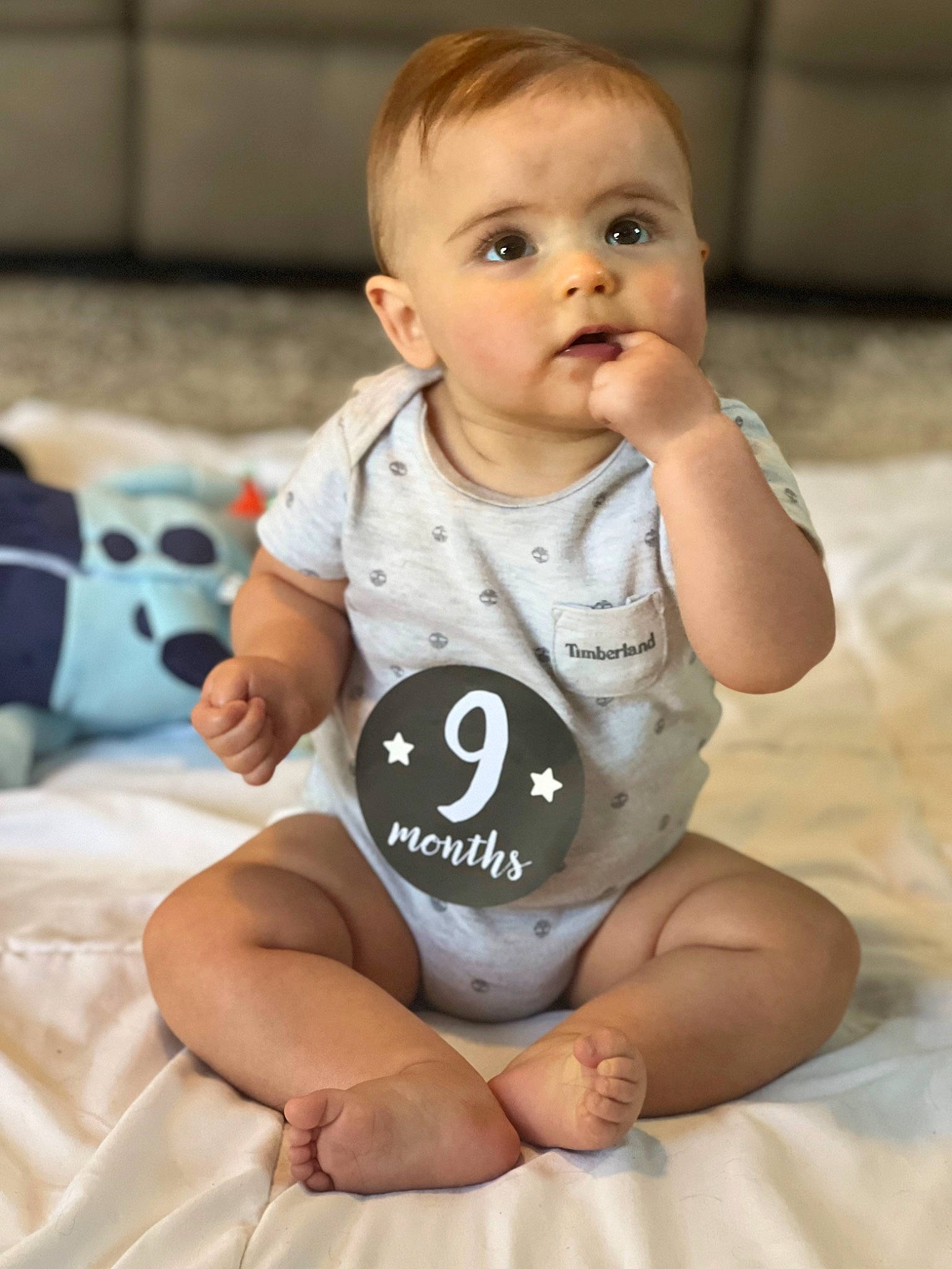 Landon is registered to the contest to win money with this photo: arm, baby, baby_toddler_clothing, cheek, child, comfort, eye, face, finger, flooring, hand, happy, person, product, sitting, skin, sleeve, smile, stomach, t_shirt