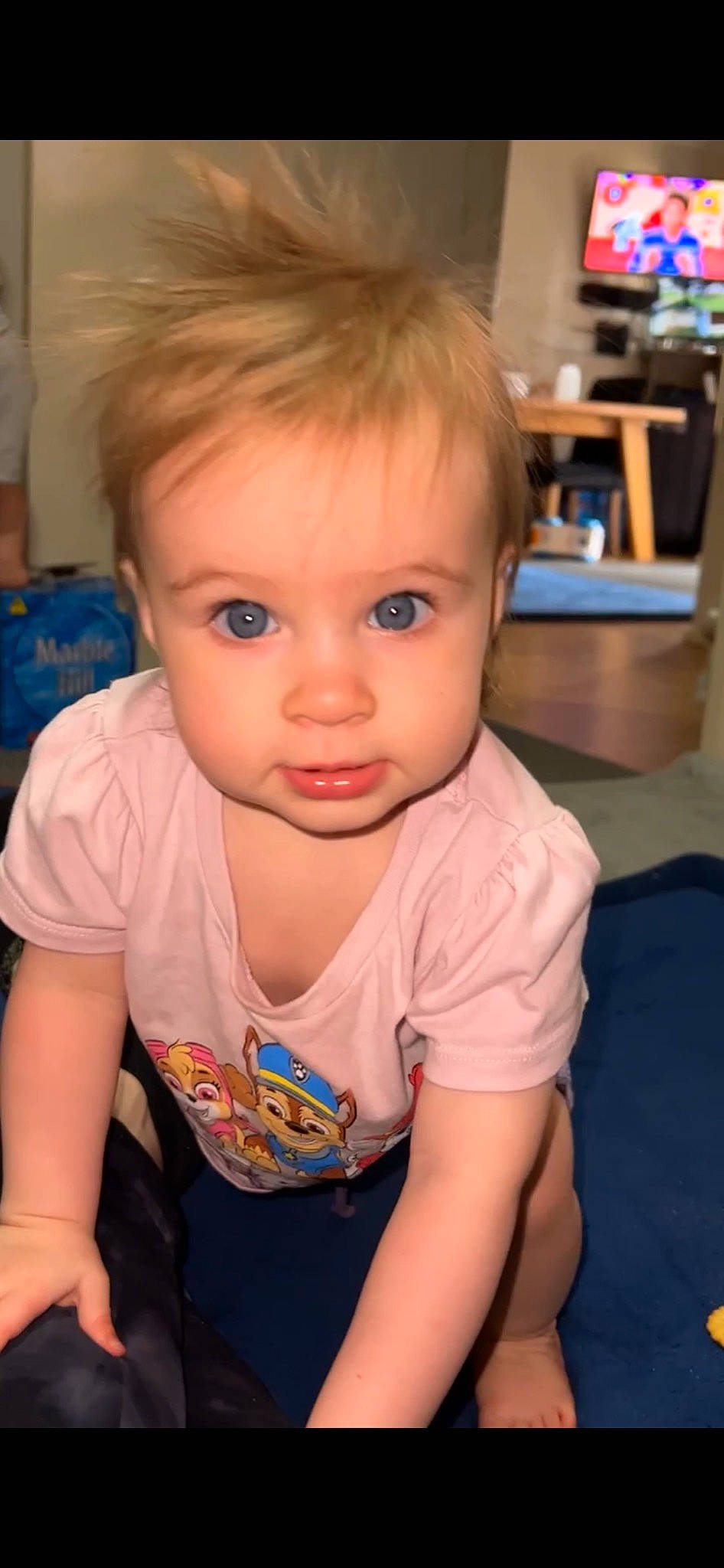 Adelynn joined the competition — help win amazing prizes! baby_toddler_clothing, blue, cheek, chin, ear, eye, eyebrow, eyelash, finger, flooring, forehead, fun, head, iris, mouth, neck, nose, person, skin, sleeve