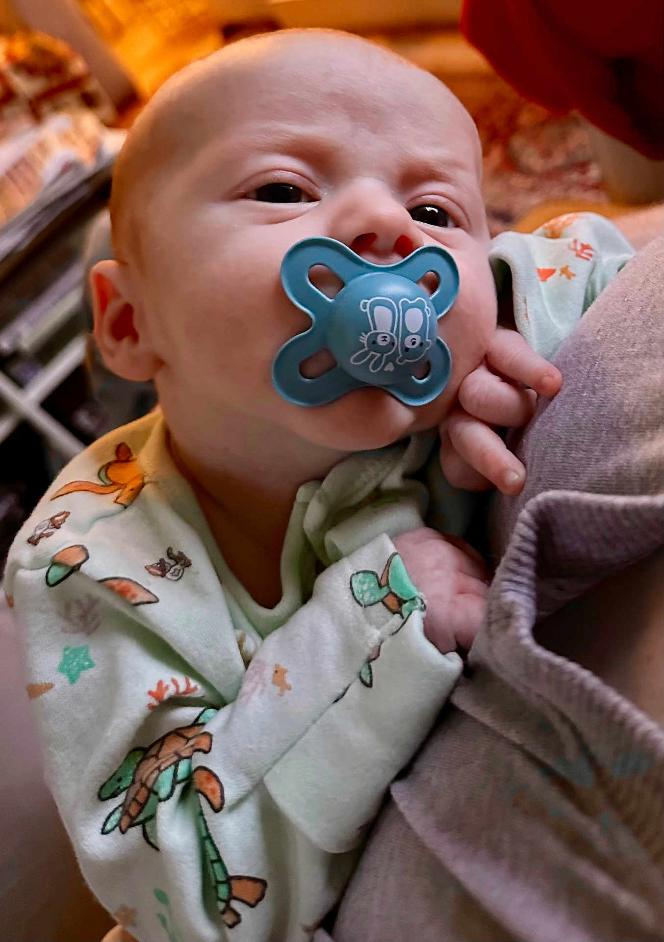 Elliott joined the competition — help win amazing prizes! baby, pacifier, onesie, infant, closeup, cute, child, sleepwear, hand, face, person, comfort, cuddle, soft, indoor, young, newborn, expression, apparel, turtle
