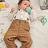 Maël a rejoint le concours — aidez-le/la à gagner de superbes lots ! baby, ball, blanket, book, child, colorful, cute, face, hand, indoors, infant, laying_down, pants, play, shirt, smiling, soft_toy, suspenders, toy, white_background