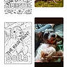 smartphone_screen, app_interface, dog, coloring_page, watermark_text, pet, photo, dog_photo, black_and_white, color_photo, grass, indoor, blanket, cute, animal, fur, paw_print, text_overlay, digital, mobile