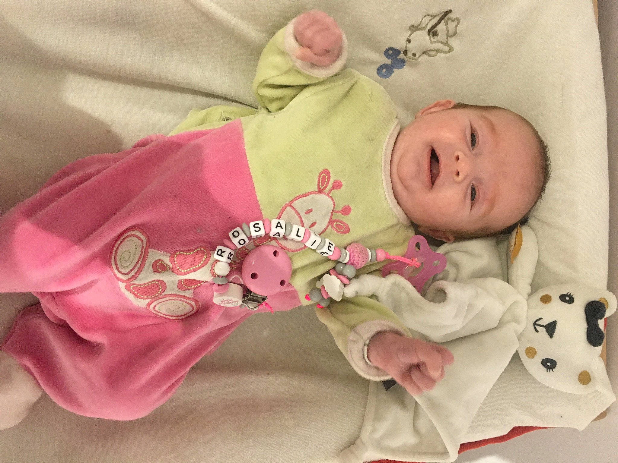 Rosalie participe au concours pour gagner de l'argent avec cette photo : baby, baby_products, baby_safety, baby_sleeping, baby_toddler_clothing, baby_toys, bedding, carmine, child, collar, comfort, facial_expression, linens, pattern, person, pink, room, sleeve, textile, toddler