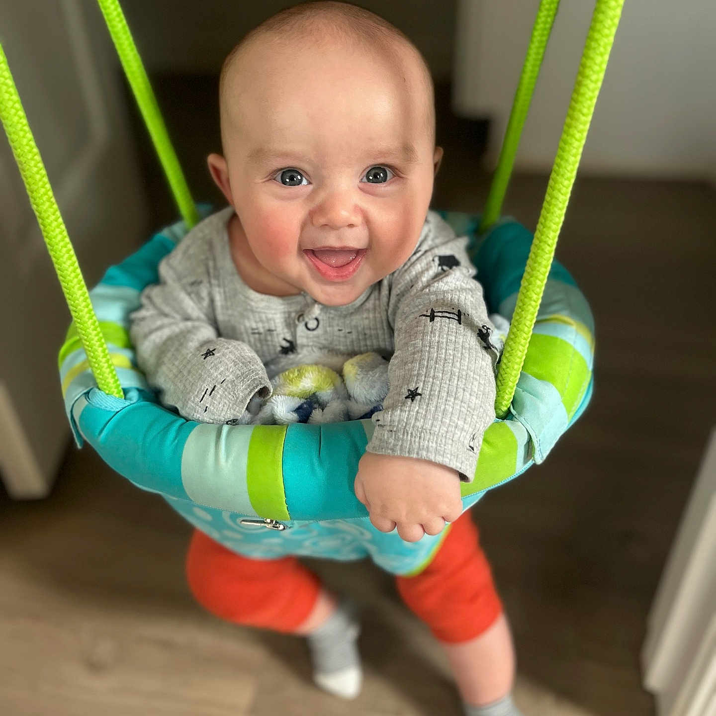 Lawton joined the competition — help win amazing prizes! baby, child, smiling, indoor, swing, jumper, happy, face, clothing, socks, floor, ropes, toy, person, cute, infant, playtime, bright_colors, wood_floor, home