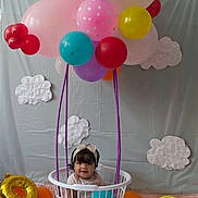 Gabriella is registered to the contest to win money with this photo: toddler, child, balloons, laundry_basket, birthday, party, decoration, cloud_cutouts, colorful, playful, indoor, celebration, headband, smiling, cute, pink, yellow, orange, purple, white