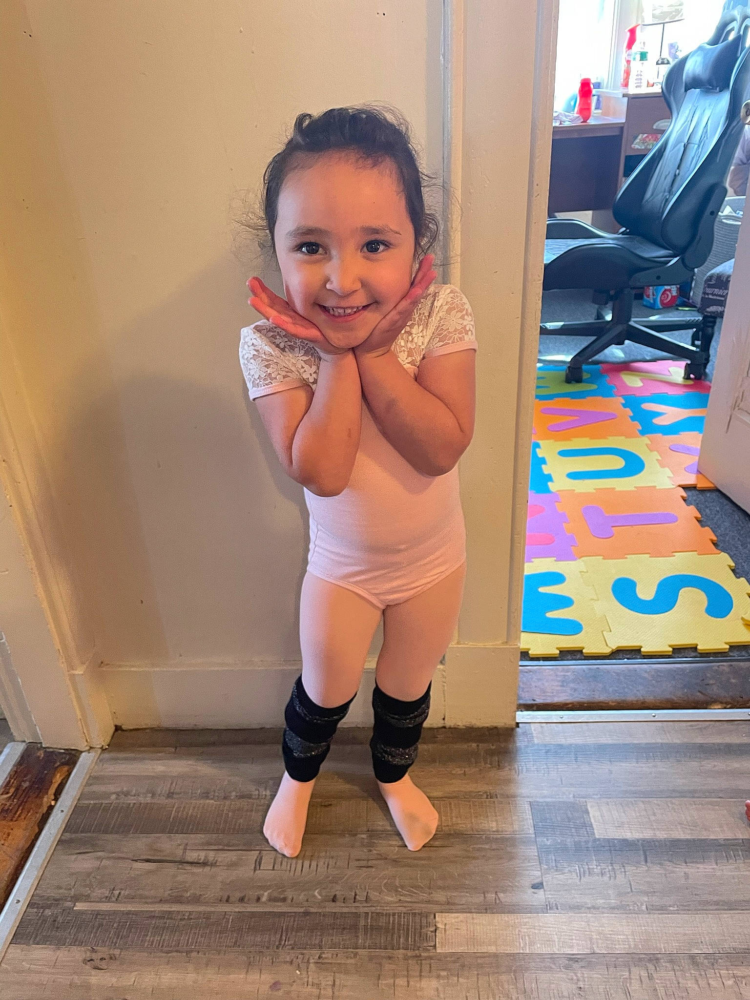 Frankie joined the competition — help win amazing prizes! abdomen, baby_toddler_clothing, barefoot, floor, flooring, fun, happy, hardwood, human_body, human_leg, joy, knee, leg, person, smile, sportswear, thigh, thumb, toddler, trunk