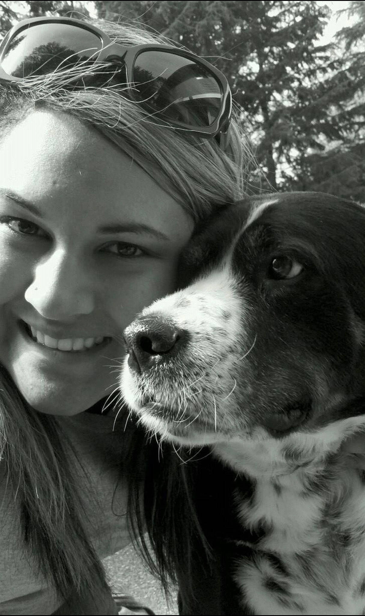 Mckenzie joined the competition — help win amazing prizes! black_and_white, carnivore, companion_dog, dog, dog_breed, eyewear, flash_photography, glasses, goggles, happy, monochrome, monochrome_photography, organ, smile, snout, style, sunglasses, tree, whiskers, working_animal