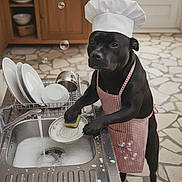 Olaf a rejoint le concours — aidez-le/la à gagner de superbes lots ! apron, black_dog, cabinet, chef_hat, cleaning, dish_rack, dog, domestic, floor_tiles, foamy_water, funny, household, kitchen, pet, plates, sink, soap_bubbles, spoon, standing, washing_dishes