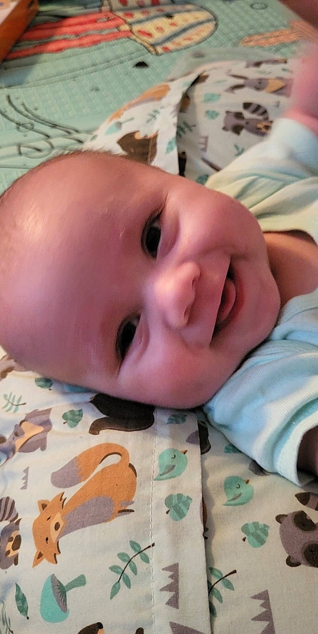 Griffin is registered to the contest to win money with this photo: baby, baby_toddler_clothing, cheek, child, chin, comfort, eye, eyebrow, eyelash, facial_expression, happy, joy, linens, lip, mouth, nose, pattern, person, skin, smile