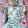 baby, sleeping, hoodie, striped_pants, cartoon_shirt, pacifier, pink_cushion, outdoor, greenery, infant, clothing, cute, relaxed, child, portrait, casual, resting, small_hands, peaceful, soft_lighting