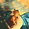 Connor is registered to the contest to win money with this photo: baby, child, knitted_clothing, crochet, bear_hat, pillow, crescent_moon, stars, clouds, blue_background, yellow_stars, sleepy, yawning, soft_fabric, cute, indoors, portrait, infant, resting, cute_outfit