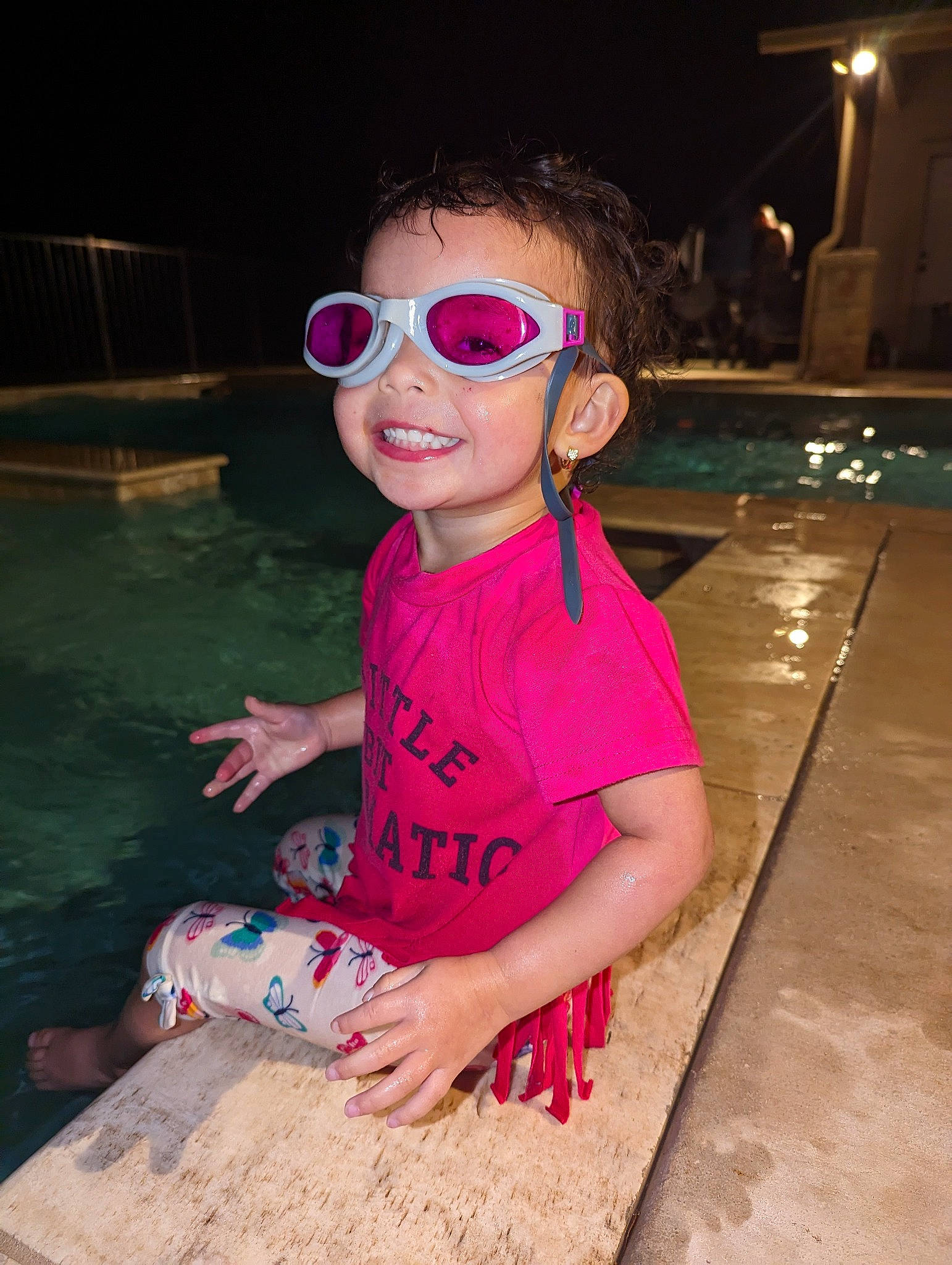 Riley joined the competition — help win amazing prizes! child, eyewear, fun, glasses, goggles, happy, joy, leisure, lip, magenta, person, personal_protective_equipment, pink, recreation, smile, sunglasses, swimming_pool, t_shirt, toddler, vacation