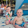 baby, barefoot, child, cute, family, fun, mat, outdoor, person, playing, relaxation, sitting, smile, snack, summer, sunlight, swimwear, tent, toddler, vacation