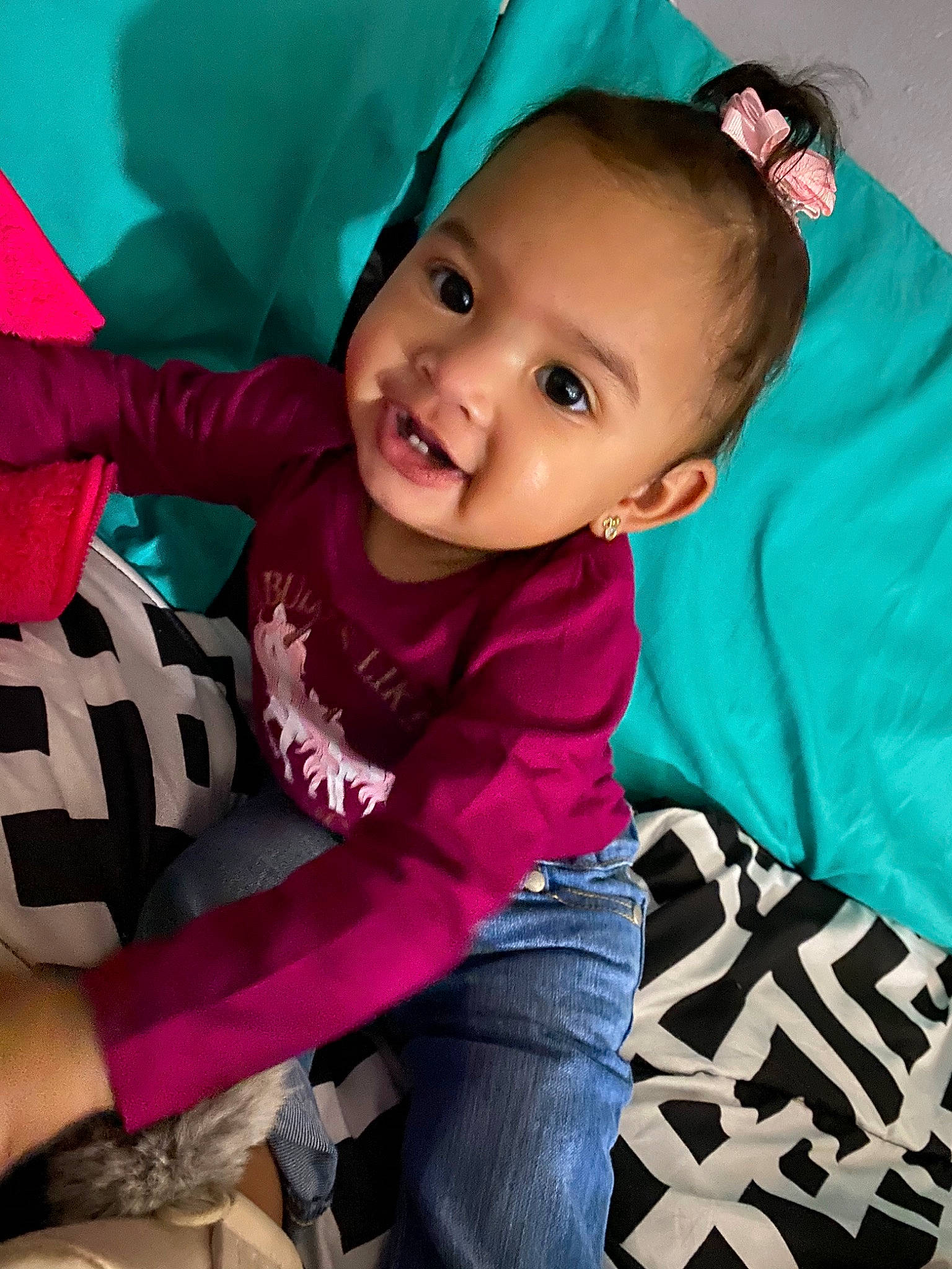 Emani joined the competition — help win amazing prizes! baby, baby_toddler_clothing, beauty, cheek, child, cool, eye, face, fun, happy, head, joy, outerwear, people, person, pink, play, sitting, skin, sleeve