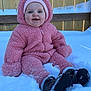 baby, child, snow, pink_suit, winter, outdoor, smiling, face, hat, boots, cold, fence, cuteness, sitting, warm_clothing, happy, infant, playful, seasonal, portrait