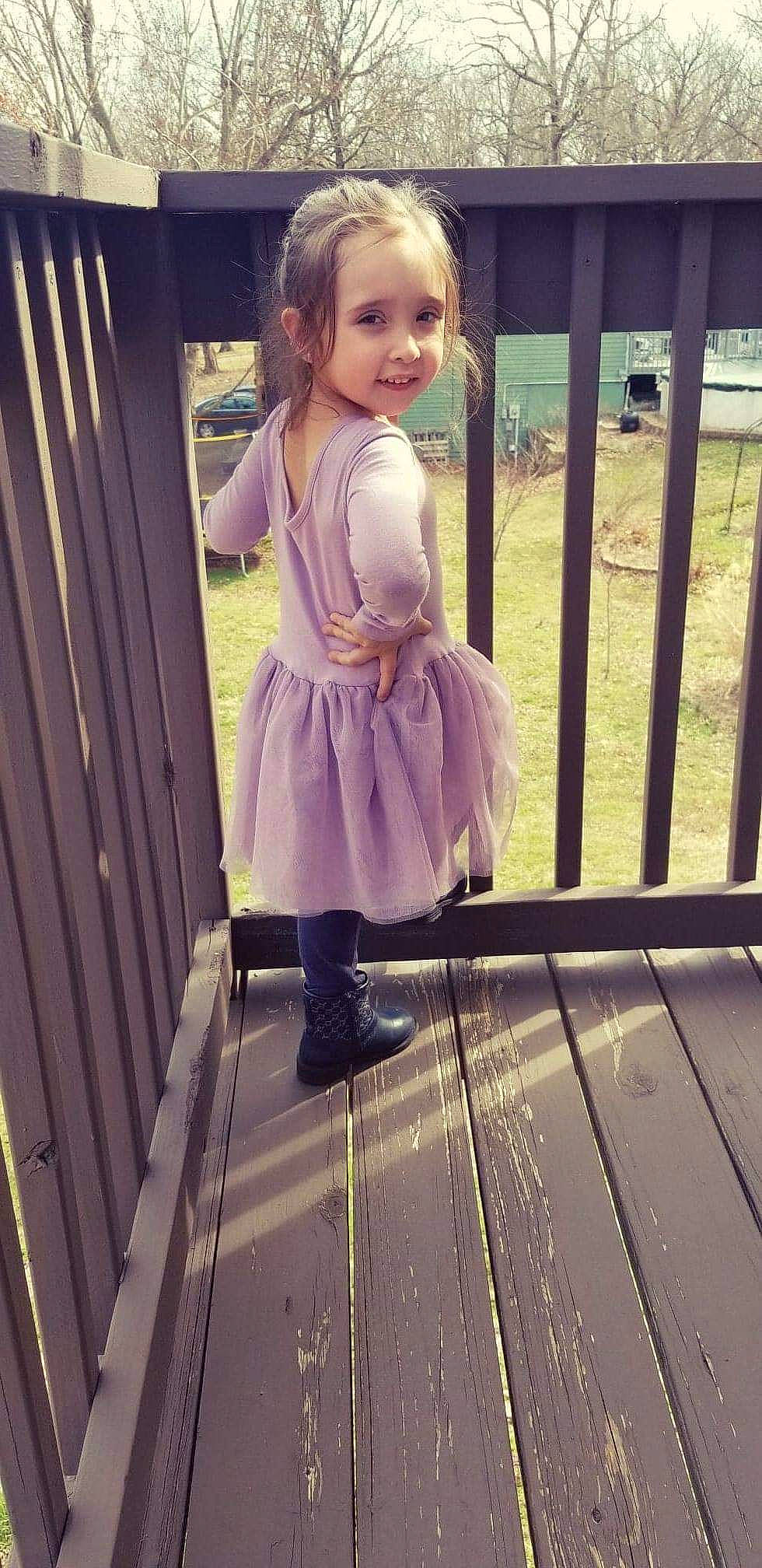 Ravanna joined the competition — help win amazing prizes! blond, child, child_model, clothing, dress, fawn, footwear, hair, long_hair, person, pink, purple, shoe, toddler