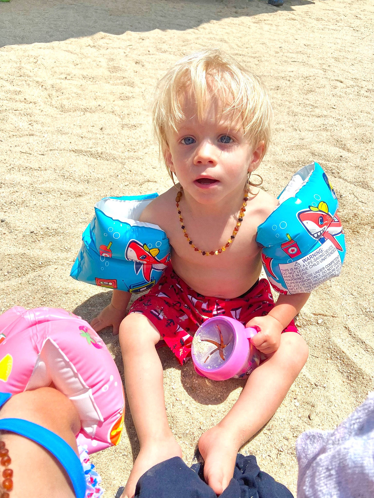 Jameson joined the competition — help win amazing prizes! baby_toddler_clothing, blond, child, fun, grass, hairstyle, happy, head, human_leg, lap, leisure, people_in_nature, person, pink, play, recreation, sitting, skin, thigh, toddler