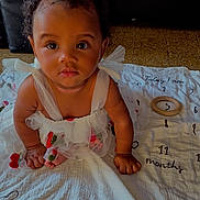 Shayna participe au concours pour gagner de l'argent avec cette photo : baby, child, infant, crawling, white_dress, red_accents, blanket, age_marker, indoors, floor, couch, curly_hair, wide_eyes, cute, portrait, hands, feet, skin, person, young