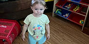 Brianna is registered to the contest to win money with this photo: toddler, child, barefoot, pigtails, indoor, wooden_floor, toy_storage, toys, couch, shirt, shorts, person, living_room, plastic_bin, floor, furniture, walking, hair, face, home