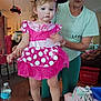 barefoot, bow, casual, child, clothing, costume, decor, furniture, holding_hands, home, indoor, minnie_mouse, person, pink_dress, supporting, table, toddler, toy, water_bottle, woman