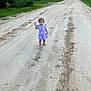 toddler, child, barefoot, purple_dress, dirt_road, waving, outdoor, trees, grass, vehicle, mailbox, sunset, nature, road, person, young_child, curious, summer, walking, portrait