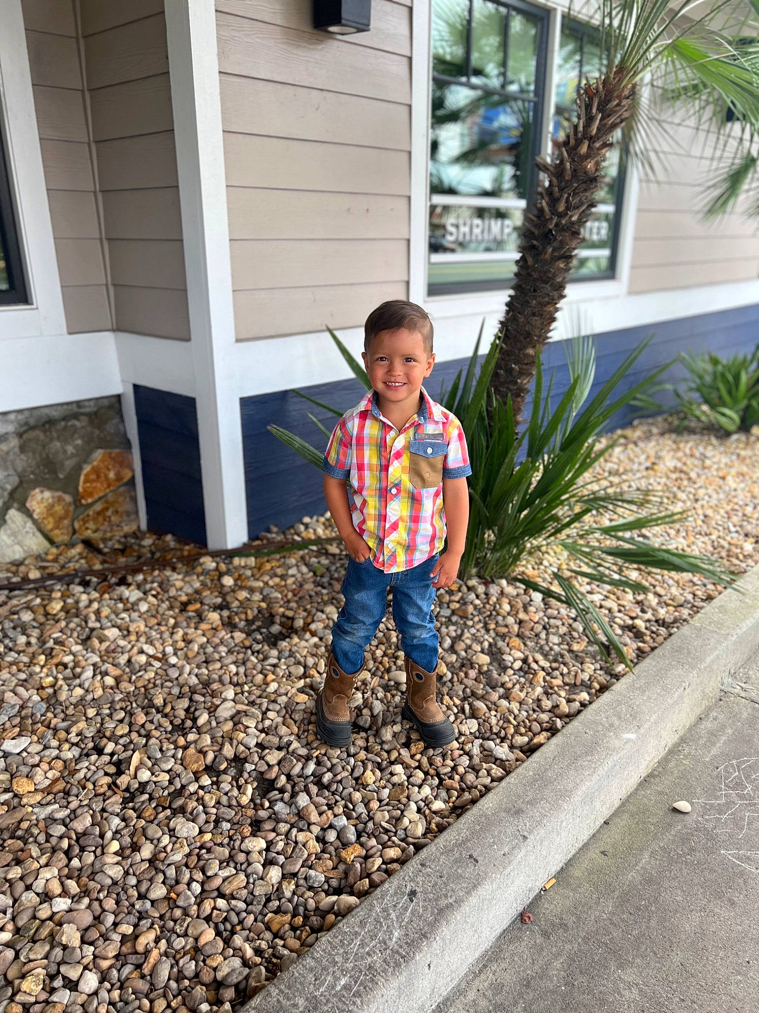 Ayden joined the competition — help win amazing prizes! asphalt, denim, flooring, grass, house, joy, landscape, leisure, mammal, outerwear, person, plant, road_surface, sidewalk, smile, standing, toddler, tree, vertebrate, wall