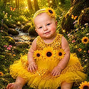 Zhelda is registered to the contest to win money with this photo: baby, child, yellow_dress, sunflower, forest, nature, butterfly, flowers, grass, sunlight, magical, sparkles, cute, smiling, sitting, headband, tulle_skirt, outdoor, portrait, happy