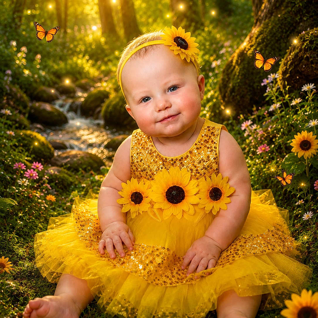 Zhelda is registered to the contest to win money with this photo: baby, child, yellow_dress, sunflower, forest, nature, butterfly, flowers, grass, sunlight, magical, sparkles, cute, smiling, sitting, headband, tulle_skirt, outdoor, portrait, happy