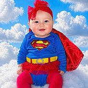 Zhelda is registered to the contest to win money with this photo: baby, child, superhero_costume, blue_outfit, red_cape, headband, clouds, fluffy, sky, blue_sky, smiling, portrait, costume, fun, cute, sitting, bright_colors, happy, infant, outdoor_background