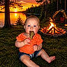 baby, child, grass, campfire, sunset, lake, trees, tent, chair, leaf, outdoor, nature, forest, fire, water, person, summer, evening, blue_eyes, clothing