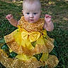 baby, child, yellow_dress, sequins, bow, grass, outdoor, nature, tree, blue_eyes, cute, sitting, person, sunlight, summer, greenery, people, background, dress, portrait