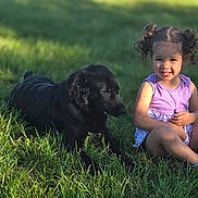 Lily joined the competition — help win amazing prizes! child, girl, dog, grass, outdoor, sunlight, pigtails, purple_shirt, sneakers, pet, friendship, smiling, happy, nature, summer, playing, sitting, animal, cute, young