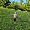 Lily joined the competition — help win amazing prizes! child, girl, grass, field, outdoor, nature, trees, blue_sky, smiling, happy, pigtails, plaid_dress, boots, sunny, daylight, running, greenery, young, person, playful