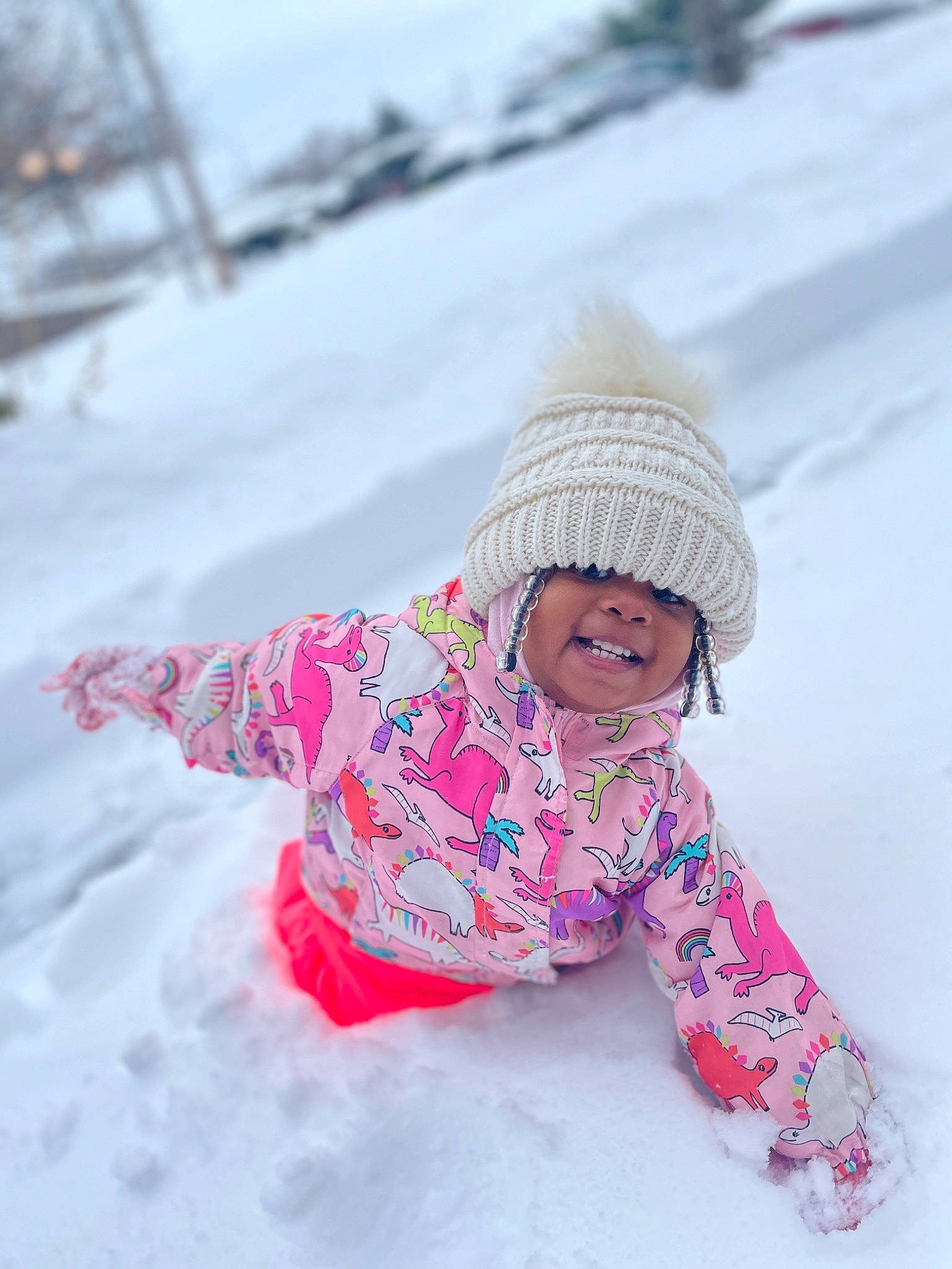 Kenslee joined the competition — help win amazing prizes! baby_toddler_clothing, cap, child, eye, freezing, fun, happy, headgear, headwear, jacket, leisure, magenta, pattern, person, pink, recreation, sleeve, smile, snow, textile
