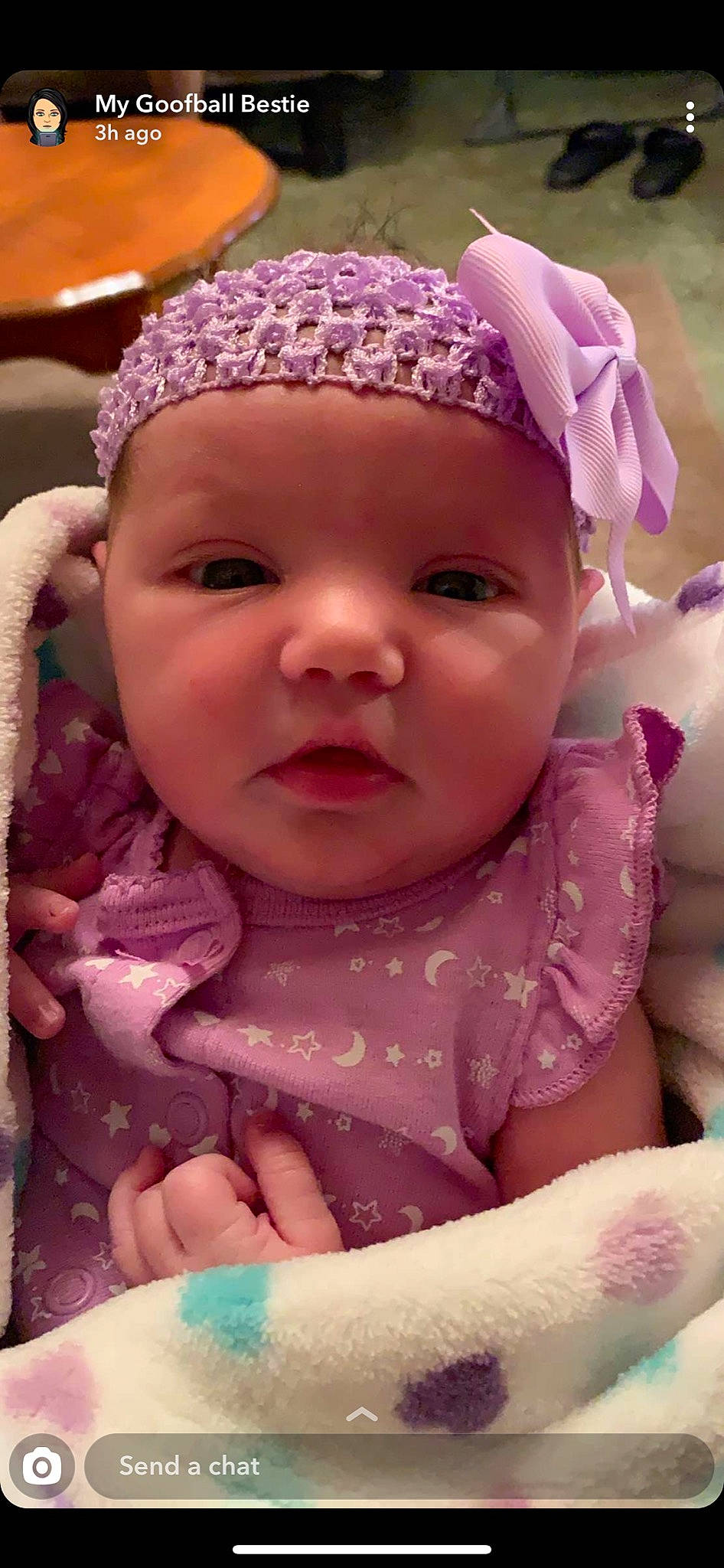 Layken joined the competition — help win amazing prizes! baby, cheek, child, eye, eyebrow, face, forehead, hair_accessory, head, headband, headgear, headpiece, headwear, lip, nose, person, pink, purple, skin, smile