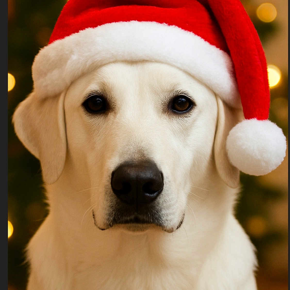 Sadie is registered to the contest to win money with this photo: adorable, animal, canine, christmas, closeup, cute, decorations, dog, festive, headwear, holiday, holiday_spirit, indoors, labrador, mammal, pet, portrait, santa_hat, seasonal, white_dog