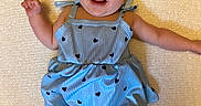 Alayna Kate is registered to the contest to win money with this photo: arms, baby, blue_dress, child, chubby_cheeks, closeup, cute, expression, happy, headband, indoors, infant, legs, lying_down, one_person, patterned_clothing, portrait, skin, smiling, textured_surface