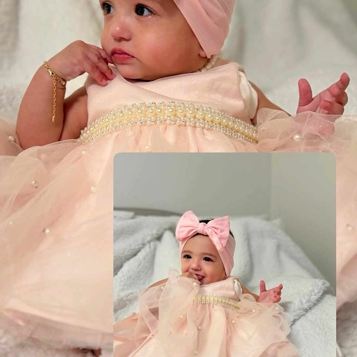 Jocelyn joined the competition — help win amazing prizes! adorable, baby, blanket, bow, child, clothing, cute, girl, happy, headband, indoor, infant, pearl, pink_dress, portrait, sitting, smile, soft, toddler, white