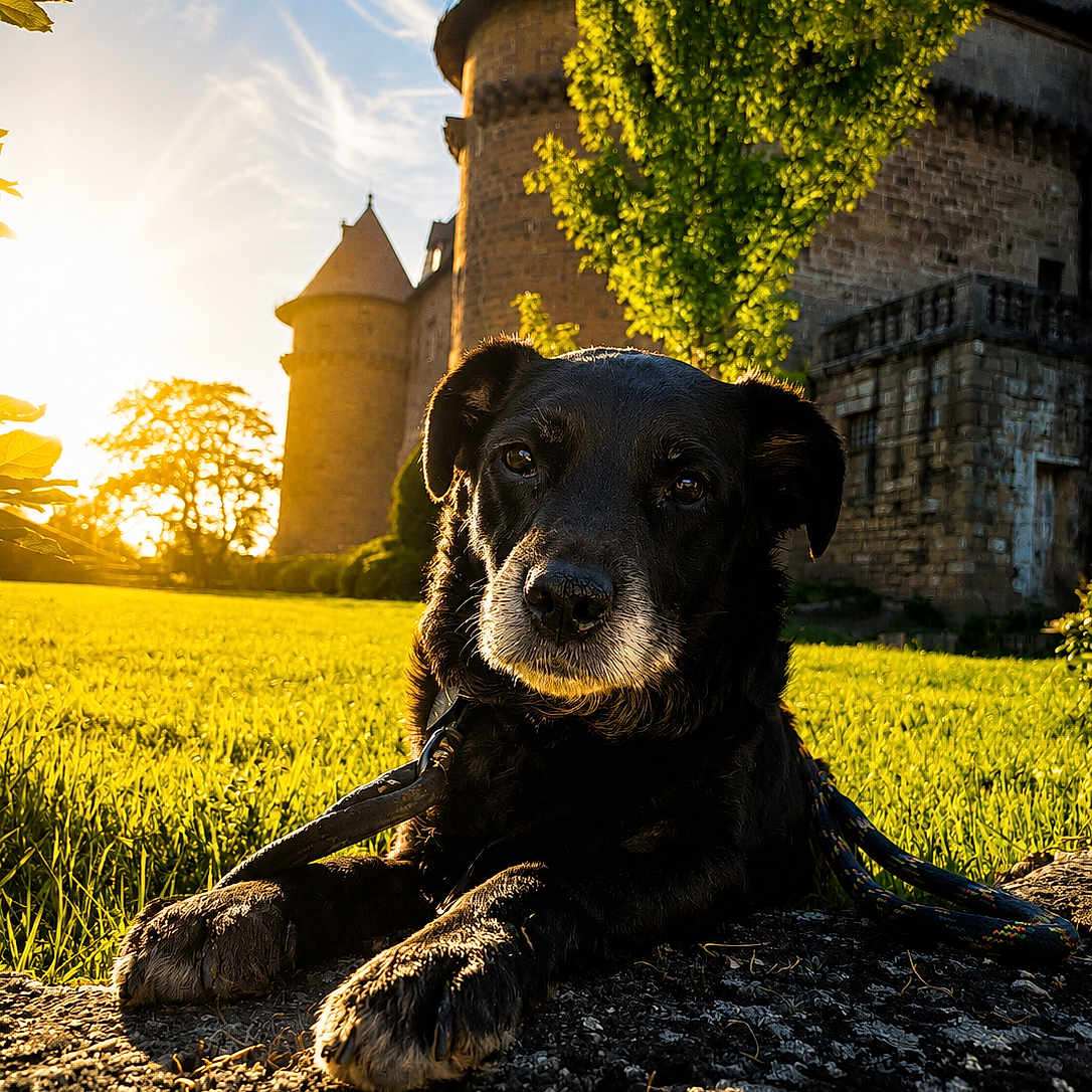 Lola participe au concours pour gagner de l'argent avec cette photo : dog, black_dog, sunset, castle, stone, grass, tree, outdoor, animal, pet, nature, landscape, leash, portrait, golden_hour, old_dog, sky, shadows, vintage, historic_building