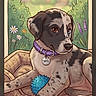 Freya a rejoint le concours — aidez-le/la à gagner de superbes lots ! art, blue_toy, collar, cute, digital_art, dog_bed, flowers, garden, home, house, illustration, indoor, pet, puppy, purple_collar, relaxing, speckled, toy, window, wood_floor