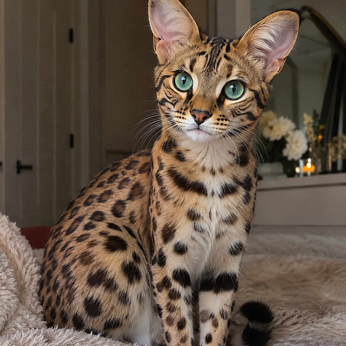 Cali joined the competition — help win amazing prizes! cat, serval_cat, spotted_coat, green_eyes, large_ears, whiskers, feline, sitting, indoor, portrait, pet, animal, fur, leopard_pattern, long_legs, tail, carpet, blanket, home, sharp_focus
