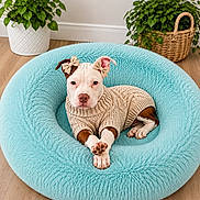 Zoey is registered to the contest to win money with this photo: puppy, dog, bed, blue_bed, sweater, bow, ears, plants, green_plants, potted_plant, wooden_floor, indoor, cozy, cute, pet, animal, resting, adorable, comfortable, home