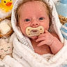 baby, pacifier, towel, bath, bubbles, rubber_duck, soap, basket, face, hand, wet_hair, blue_eyes, toy, smile, cute, infant, skin, bathroom, water_drops, plush