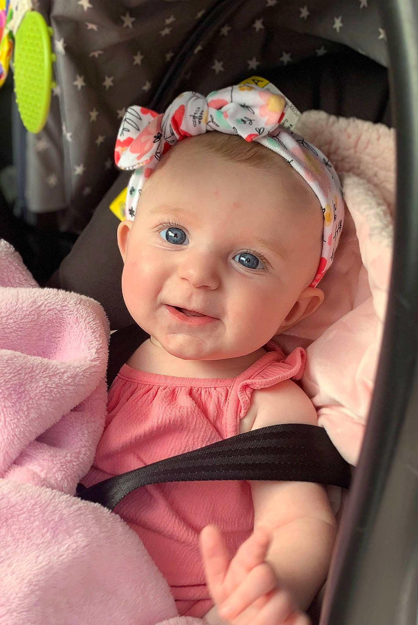Giavanna is registered to the contest to win money with this photo: baby, baby_toddler_clothing, cheek, child, comfort, eye, eyebrow, fashion_accessory, finger, flash_photography, fun, happy, headband, headwear, iris, person, pink, product, skin, smile