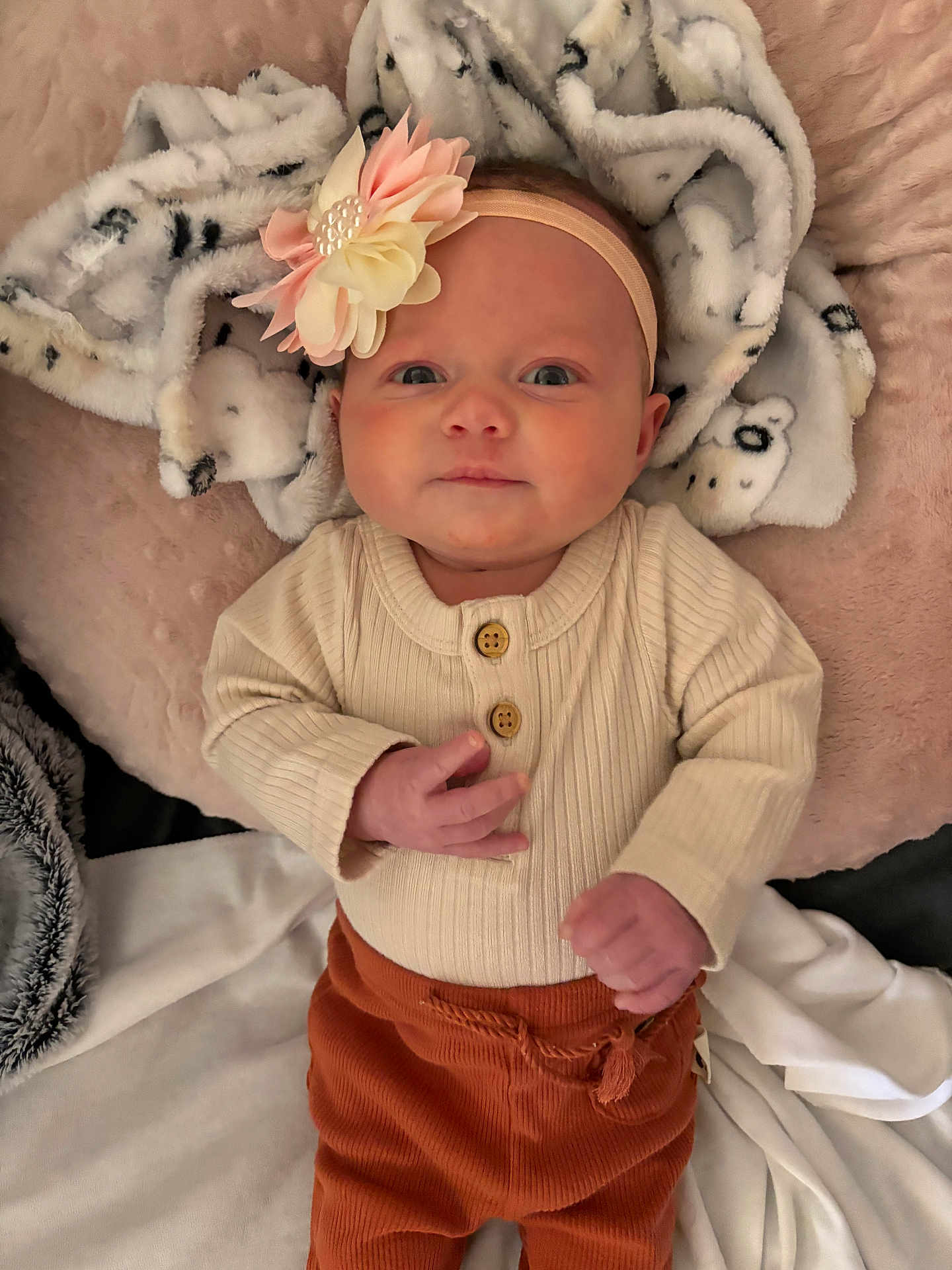 Cova is registered to the contest to win money with this photo: baby, infant, headband, flower, blanket, cozy, clothing, buttons, pants, cute, portrait, indoor, soft_lighting, baby_girl, lying_down, pink, cream, rust_color, child, newborn