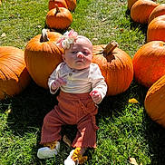 Cova joined the competition — help win amazing prizes! baby, pumpkin, grass, flower_headband, autumn, outdoor, child, orange, green, cute, seasonal, fall, socks, pants, sitting, nature, sunlight, festive, headwear, portrait