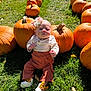baby, pumpkin, grass, flower_headband, autumn, outdoor, child, orange, green, cute, seasonal, fall, socks, pants, sitting, nature, sunlight, festive, headwear, portrait