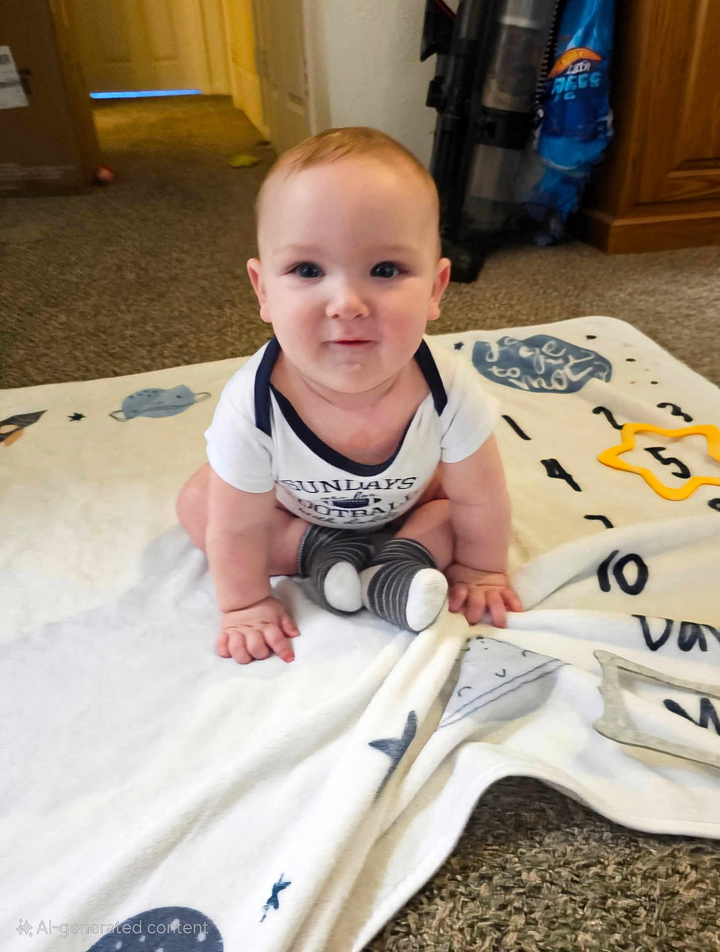 Mylo joined the competition — help win amazing prizes! baby, child, infant, blanket, carpet, floor, sitting, smiling, cute, indoors, person, young, clothing, socks, playful, curious, hands, face, head, expression