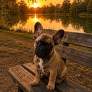 Bandit participe au concours pour gagner de l'argent avec cette photo : dog, puppy, french_bulldog, bench, lake, sunset, outdoor, nature, water, reflection, trees, grass, path, animal, pet, sunlight, sky, peaceful, scenic, park
