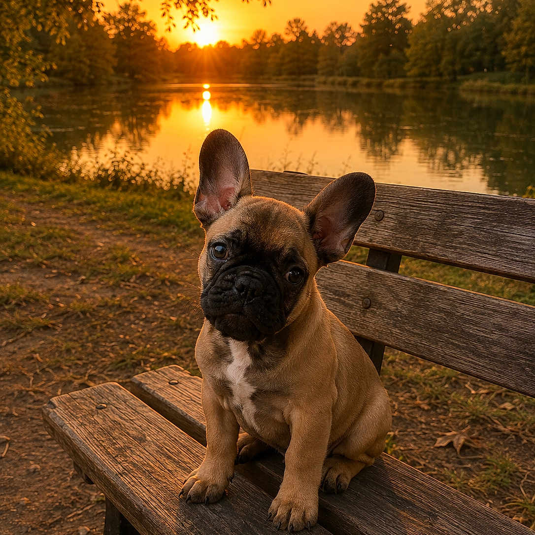 Bandit participe au concours pour gagner de l'argent avec cette photo : dog, puppy, french_bulldog, bench, lake, sunset, outdoor, nature, water, reflection, trees, grass, path, animal, pet, sunlight, sky, peaceful, scenic, park
